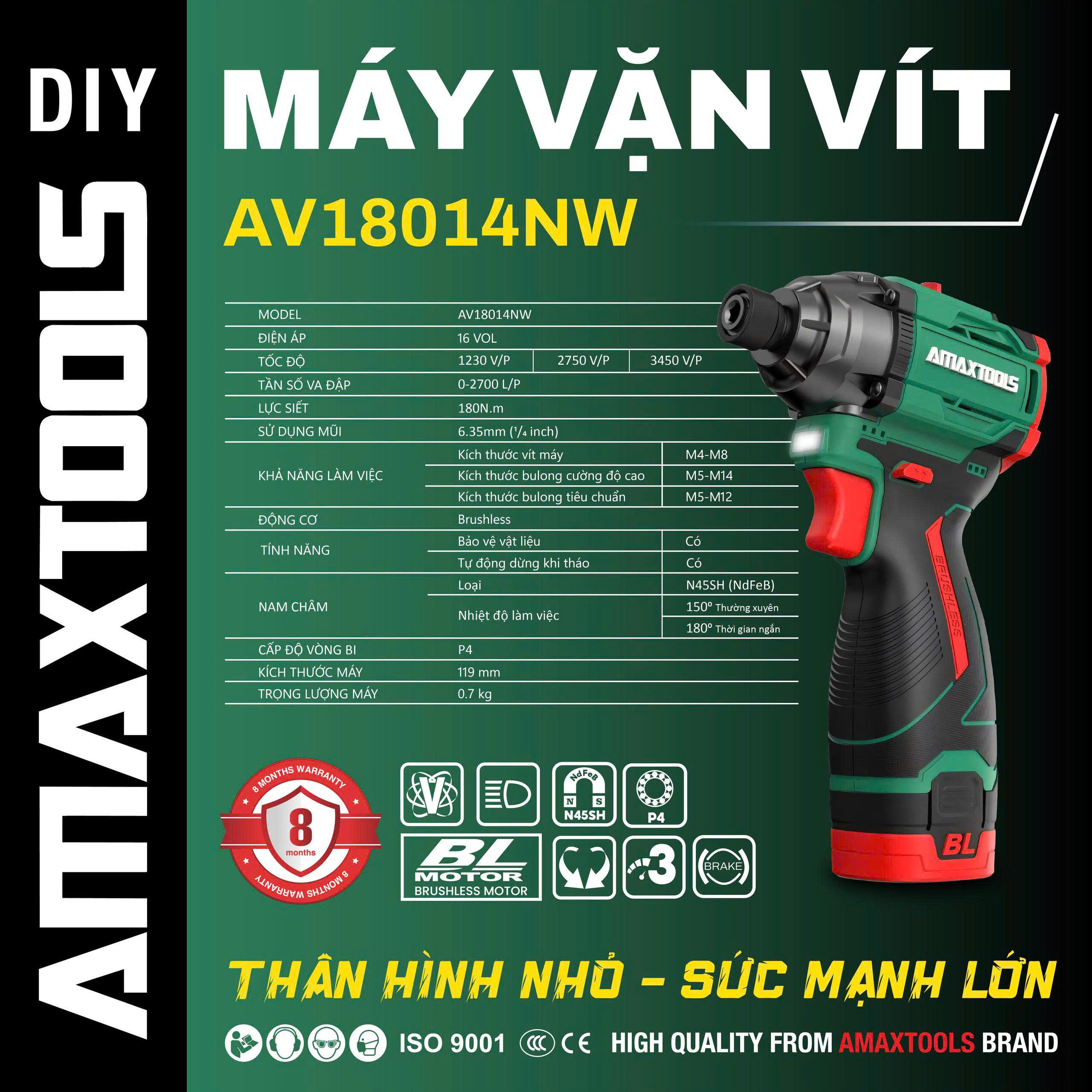 Máy Vặn Vít Pin AMAXTOOLS AV18014NW 16V - Lực Siết 180N.m, Động Cơ Không Chổi Than