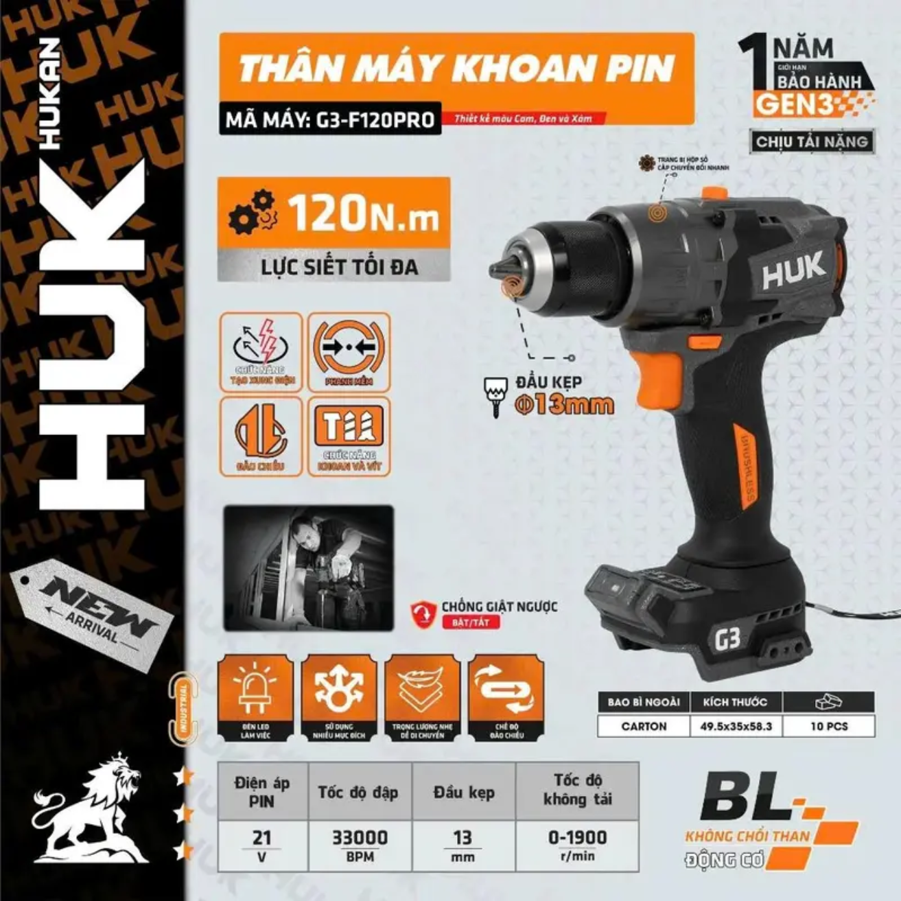 Máy Khoan Pin GEN 3 21V Hukan G3-F120PRO, Lực Siết 120Nm