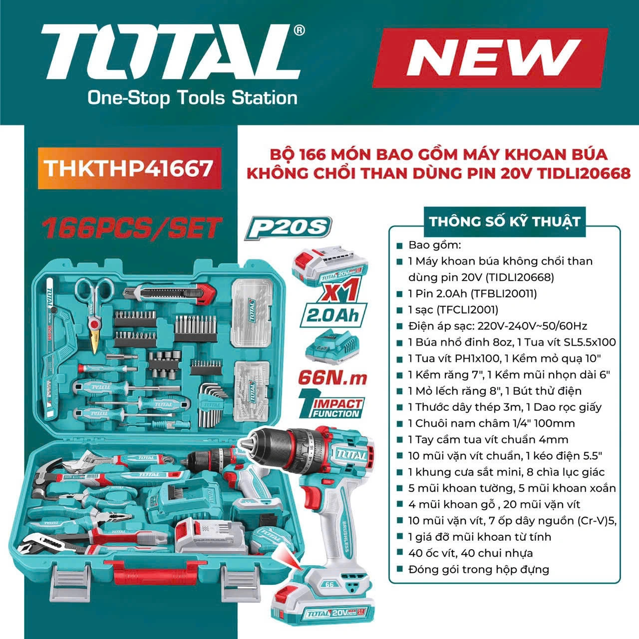 Bộ 166 món bao gồm máy khoan búa không chổi than dùng pin 20V Total TIDLI20668 THKTHP41667
