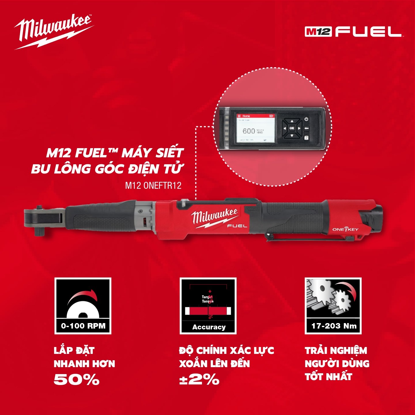 Cần Siết Lực điện Tử Milwaukee M12 ONEFTR12-0C0 1/2 Inch, Lực Siết 17-203Nm, Sai Số ±2%