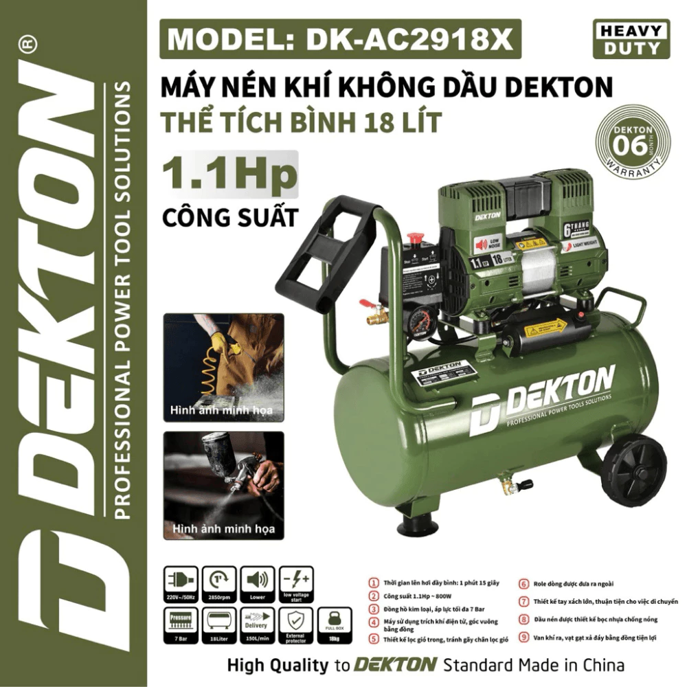 Máy Nén Khí Không Dầu 18L DEKTON DK-AC2918X, Điện áp 220V / 50Hz, Lưu Lượng Khí 150 L/phút