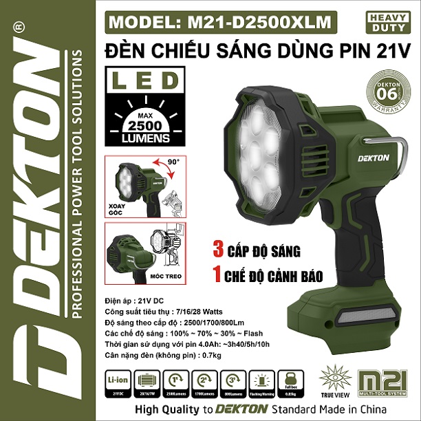 Đèn Chiếu Sáng Dùng Pin 21V Dekton M21-D2500XLM 3 Cấp Độ Sáng, Có Chế Độ Cảnh Báo
