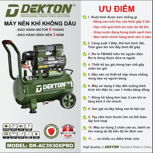 Máy Nén Khí Không Dầu Dekton DK-AC3930XPRO
