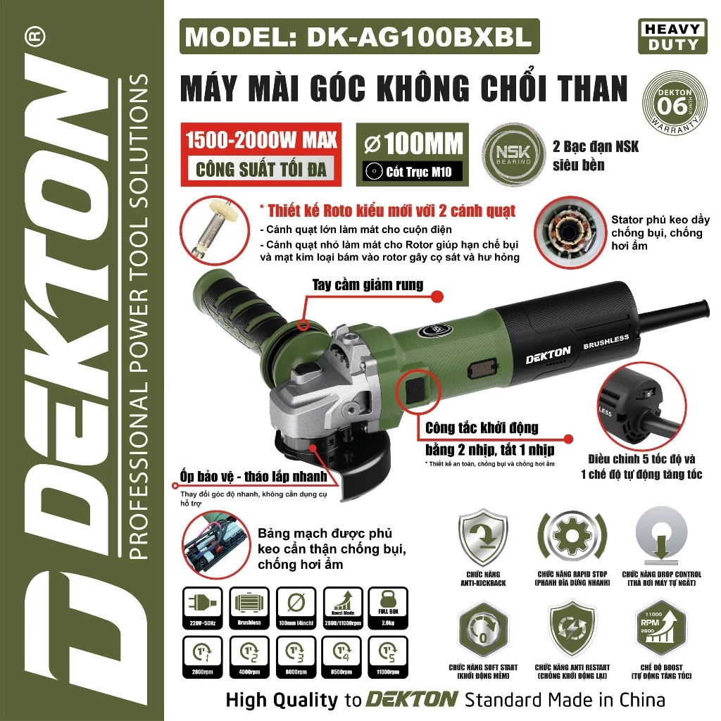 Máy Mài Góc điện Không Chổi Than 125mm Dekton DK-AG125BXBL, Công Suất 1500 - 2000W