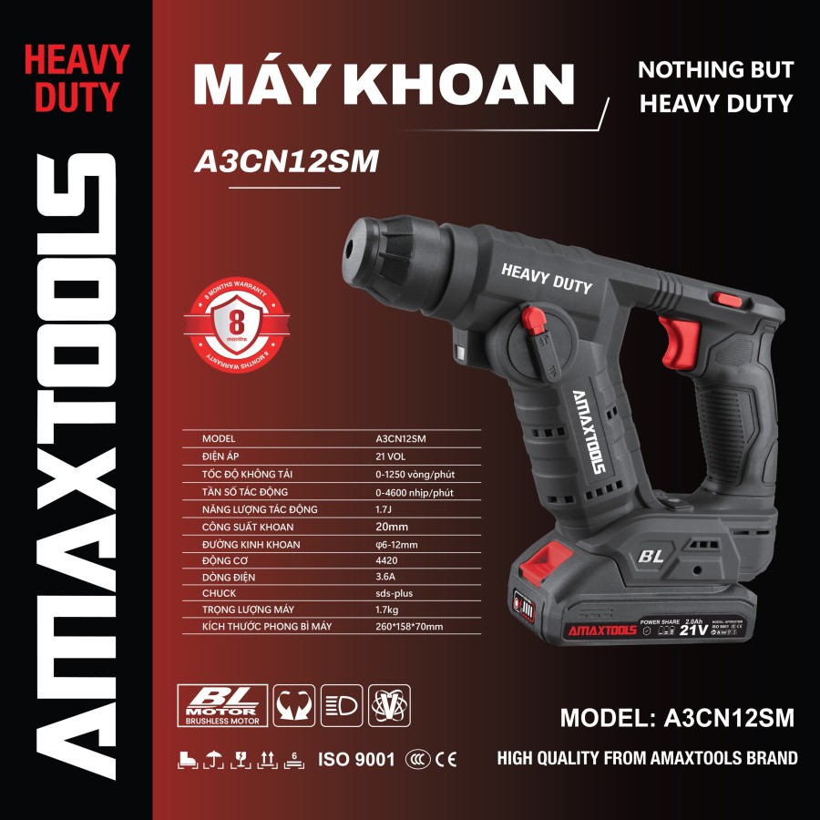 Khoan Bê Tông 2 Chức Năng Pin 21V 1.7J Amatools A3CN12SM