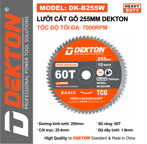Lưỡi Cắt Gỗ, Cắt Nhôm Dekton 255mm DK-B255W Tốc Độ 7000RPM