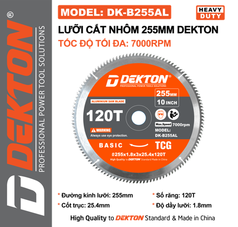 Lưỡi Cắt Nhôm, Cắt Gỗ Dekton DK-B255AL 120T - Tốc Độ 7000RPM
