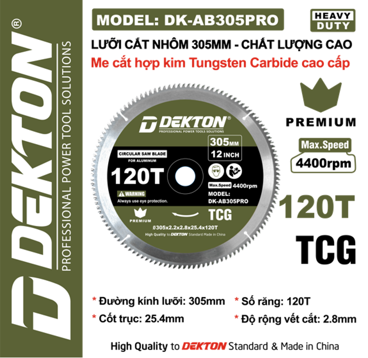 Lưỡi Cắt Nhôm Gỗ Dekton 305mm DK-AB305PRO, Tốc Độ 7000 RPM, 120T