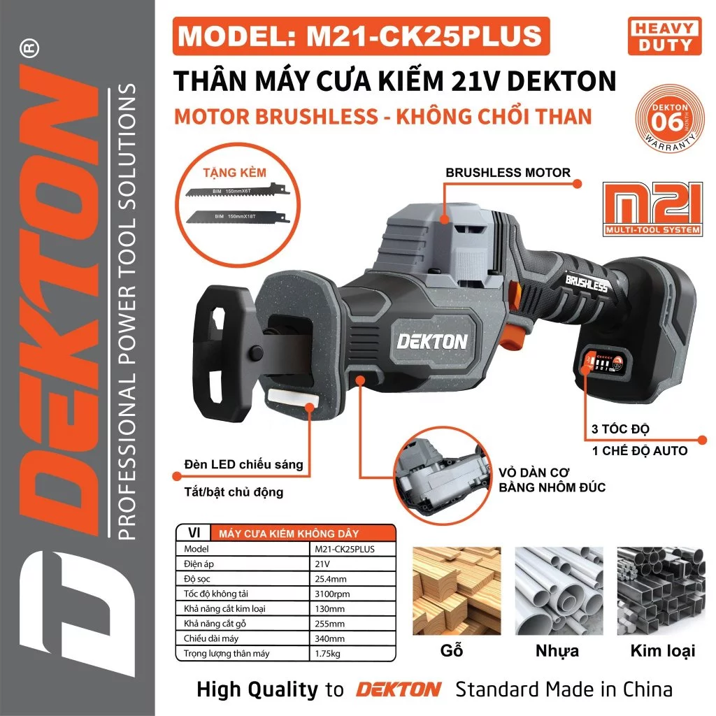 Thân Máy Cưa Kiếm Pin 21V DEKTON M21-CK25PLUS