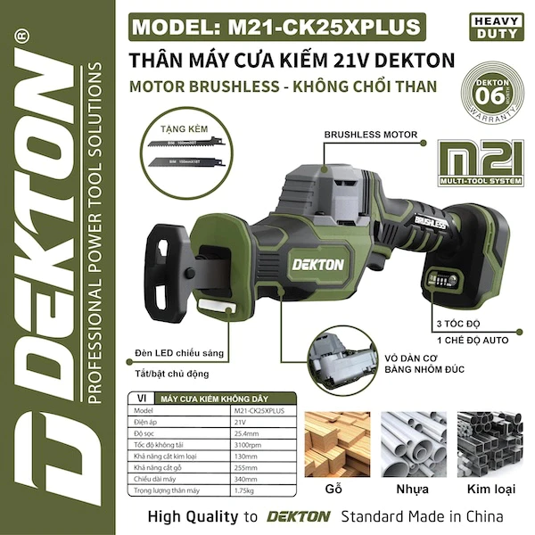 Thân Máy Cưa Kiếm Pin 21V Dekton M21-CK25XPLUS