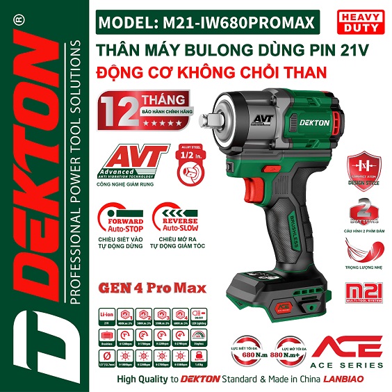 Máy Bu Lông 680Nm Pin 21V động Cơ Không Chổi Than DEKTON M21-IW680PROMAX