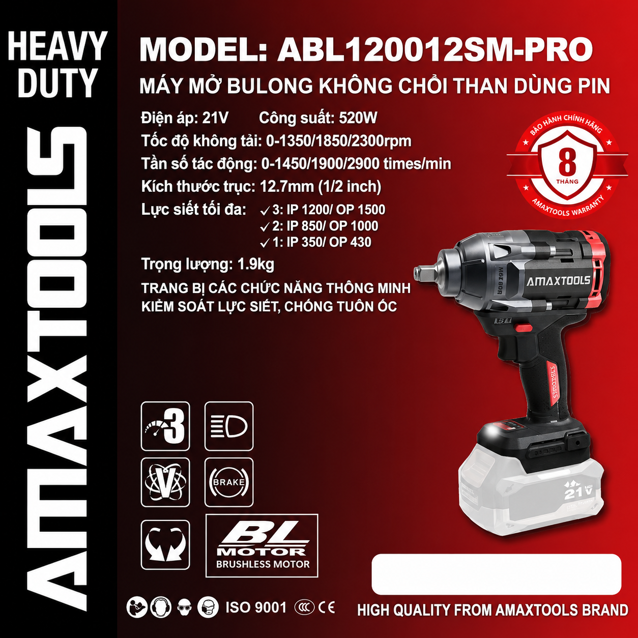 Máy Bắn Bulong 1200Nm Pin 21V Amaxtools ABL120012SM-PRO