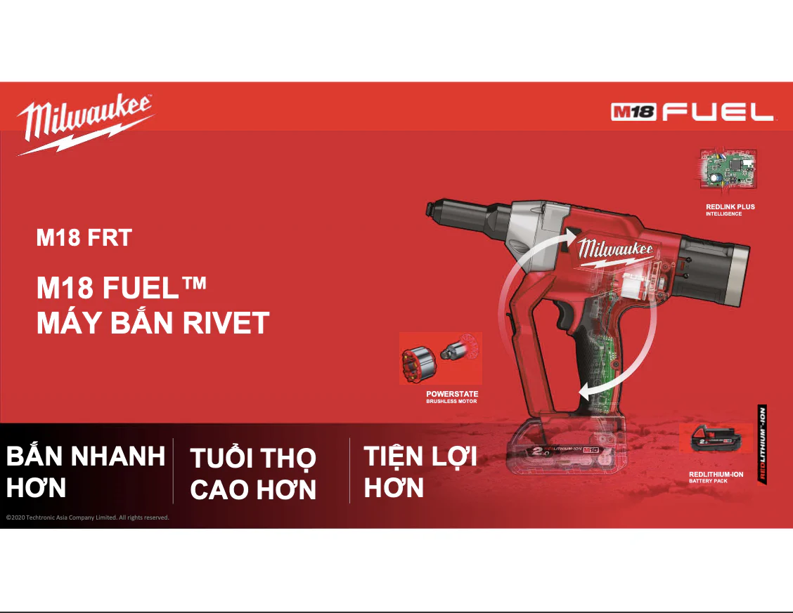 Máy Bắn đinh Rút Milwaukee M18 FRT-0X0 Lực 20kN, đinh 4.8-7.0mm