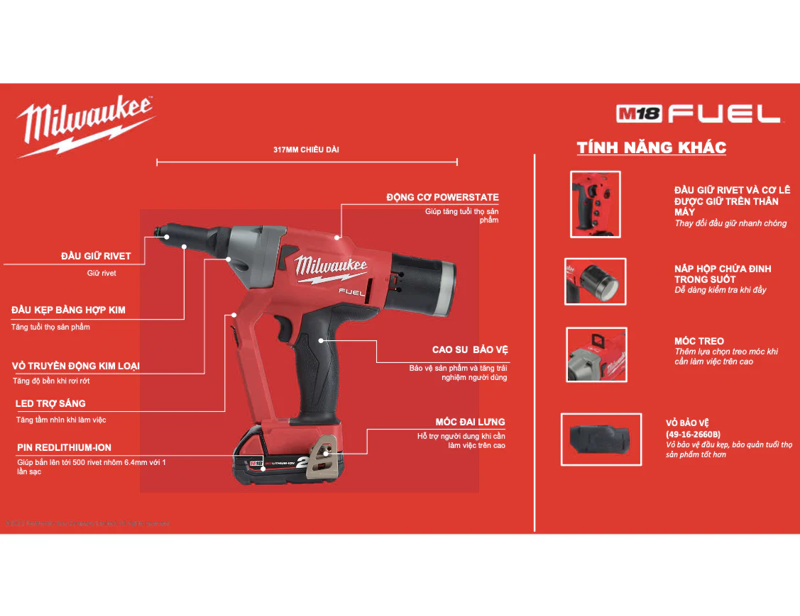 Máy Bắn đinh Rút Milwaukee M18 FRT-0X0 Lực 20kN, đinh 4.8-7.0mm