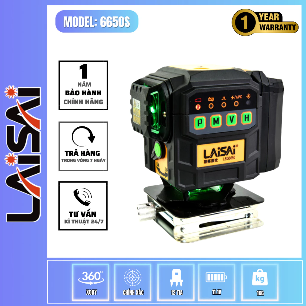 Máy Cân Bằng Laser 12 Tia Xanh LAISAI LSG-6650S - 3 Bóng 360° độc Lập, Báo Khi Chưa Cân Bằng