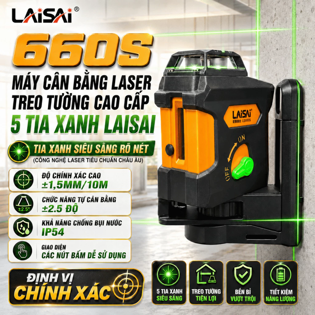 Máy Cân Bằng Laser 5 Tia Xanh LAISAI LSG660S - ±1mm/15m, 1 Ngang 4 đứng, Dọi Tâm