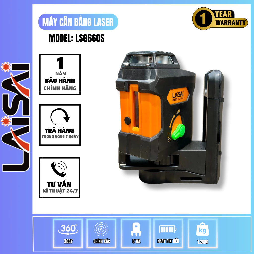 Máy Cân Bằng Laser 5 Tia Xanh LAISAI LSG660S - ±1mm/15m, 1 Ngang 4 đứng, Dọi Tâm