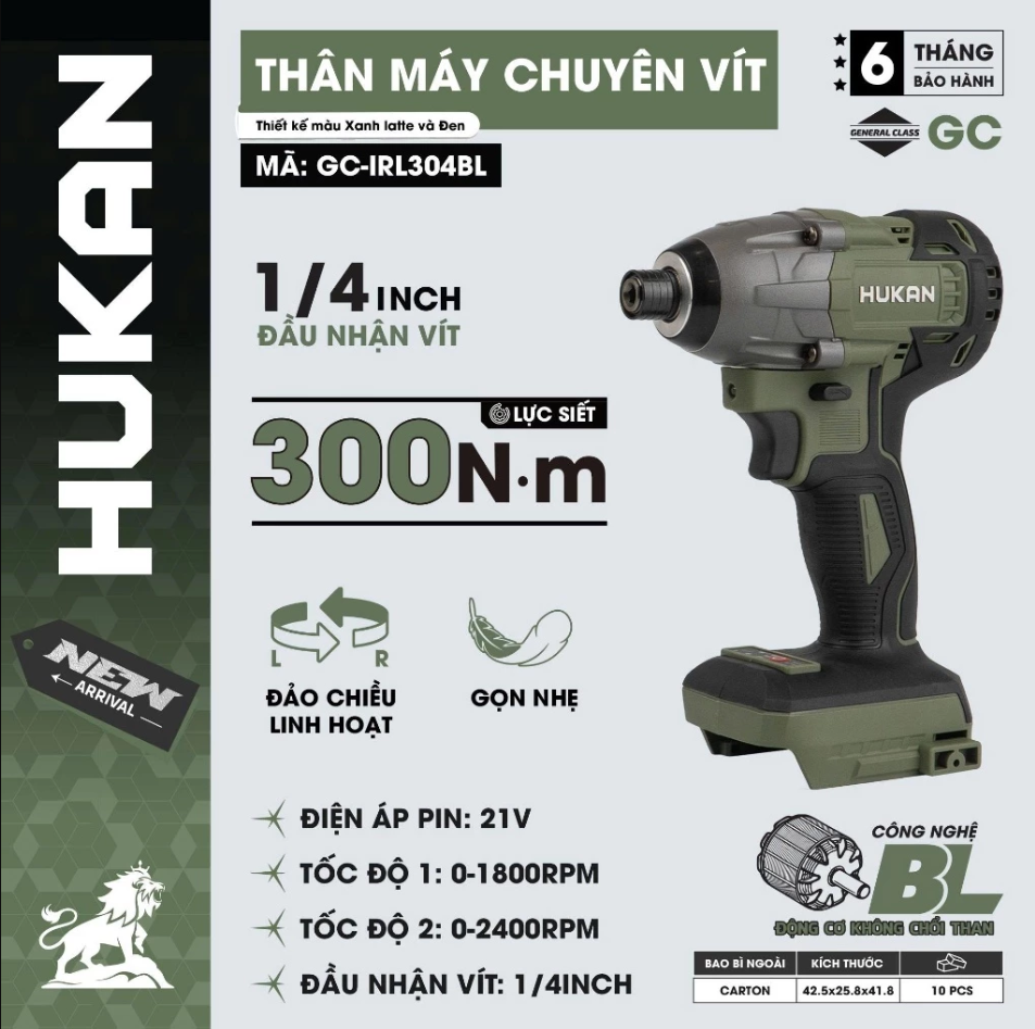 Máy Chuyên Vít Búa HUKAN GC-IRL304BL, Lực Siết 300Nm, Không Chổi Than