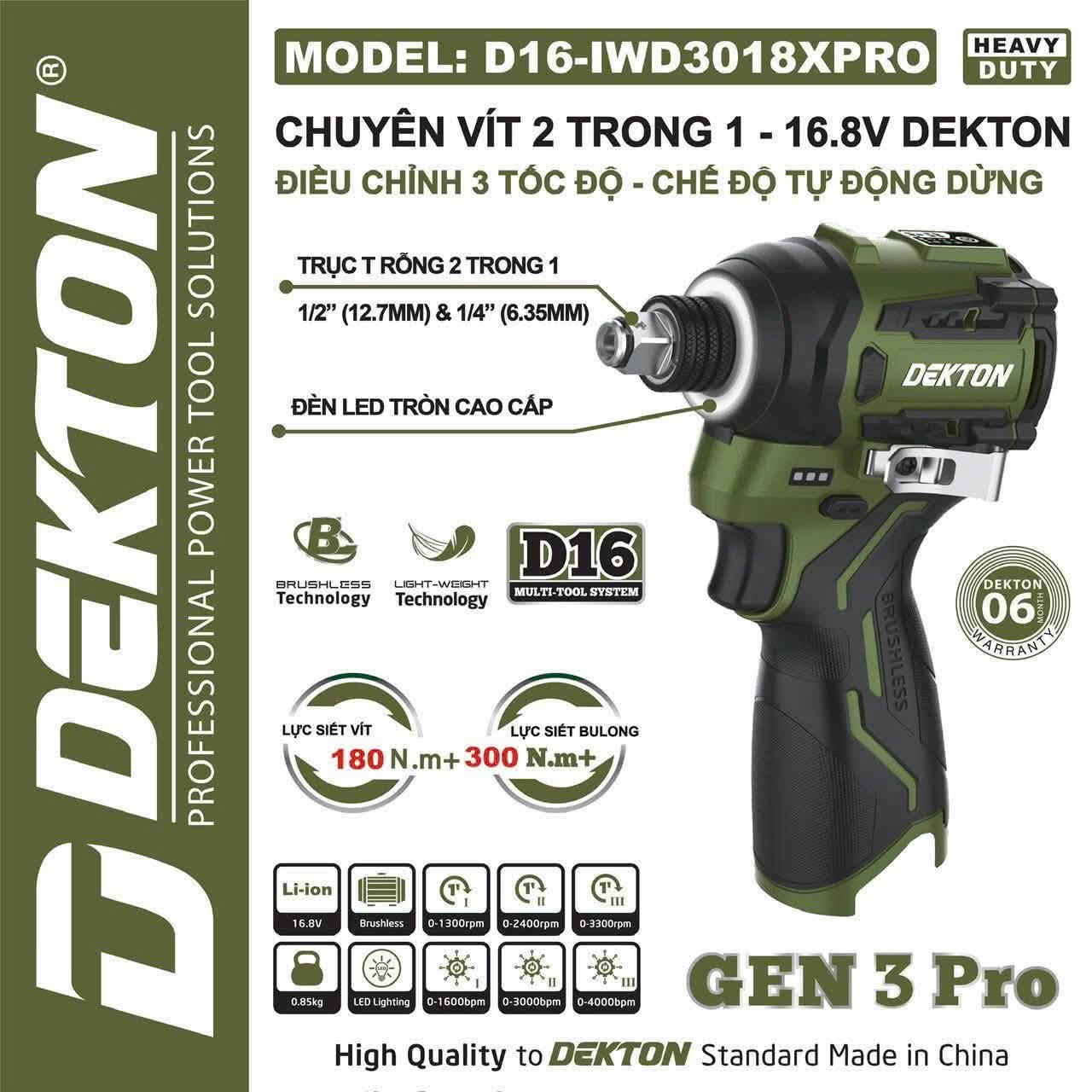 Máy Chuyên Vít Dekton 16V 300Nm D16-IWD3018XPRO Động Cơ Không Chổi Than