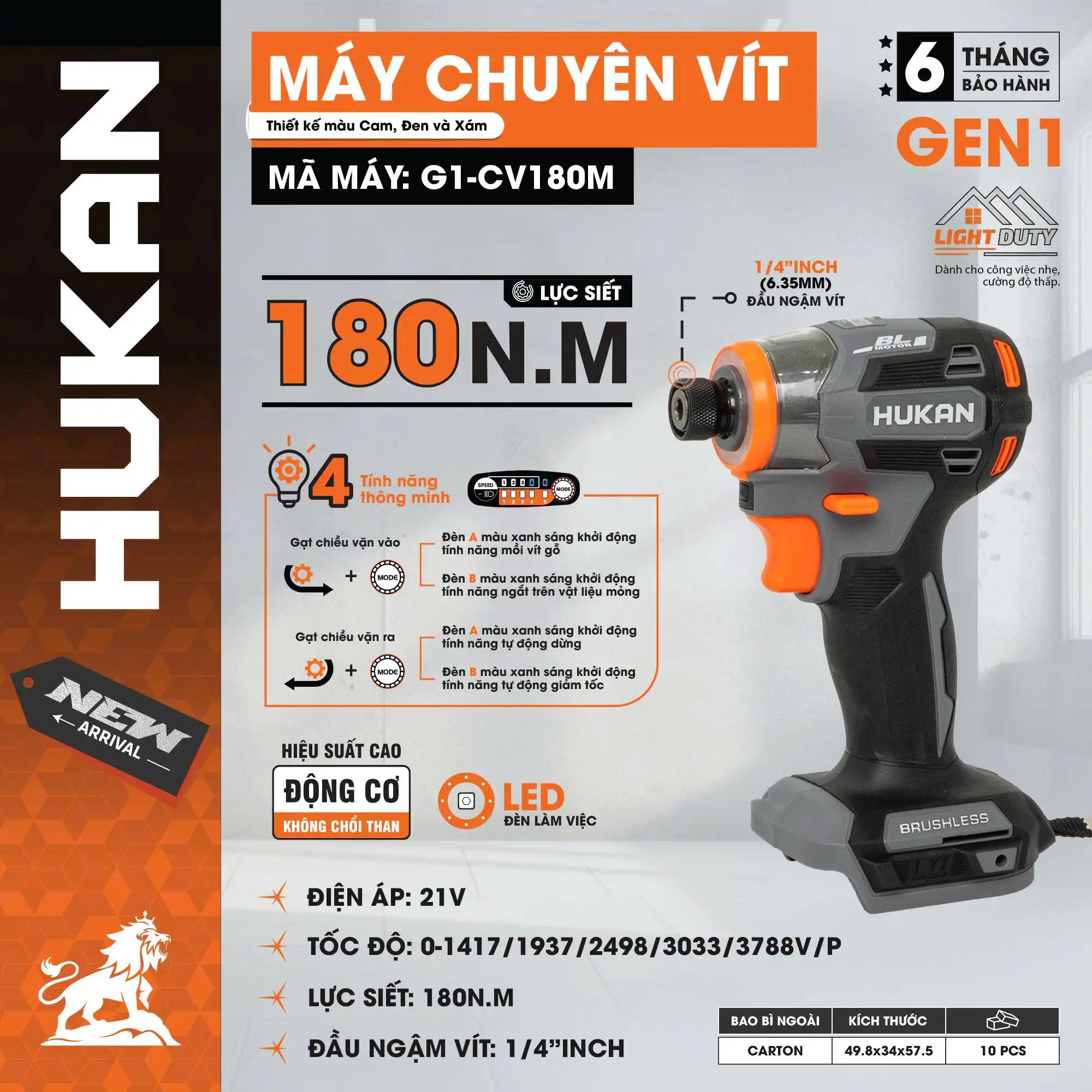 Máy Chuyên Vít Búa Pin 21V Hukan G1-CV180M Lực Siết 180Nm Động Cơ Không Chổi Than