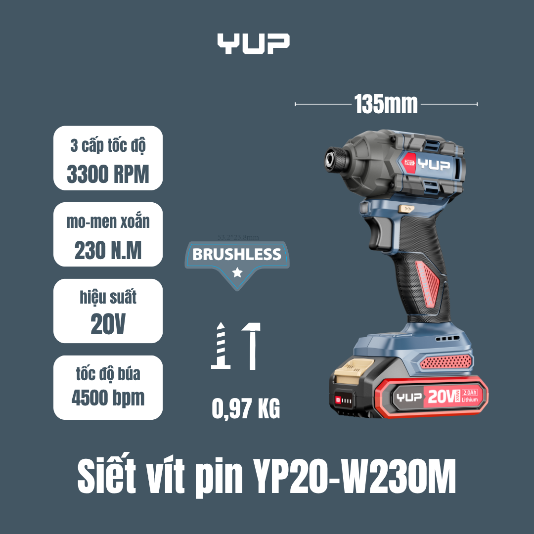 Máy Chuyên Vít Pin 20V YUPAI YP20 W230M 230Nm 3 Cấp Có Búa - Chính Hãng