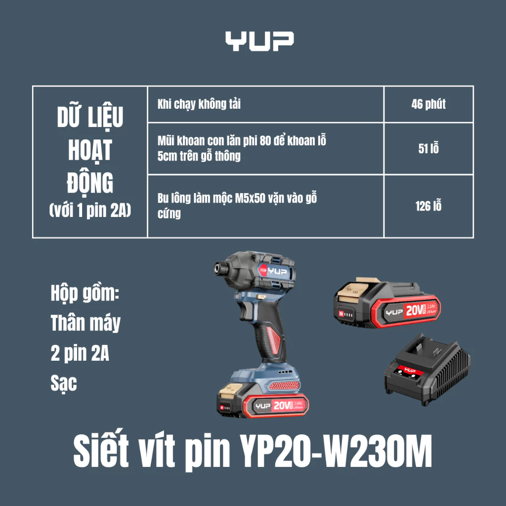 Máy Chuyên Vít Pin 20V YUPAI YP20 W230M 230Nm 3 Cấp Có Búa - Chính Hãng