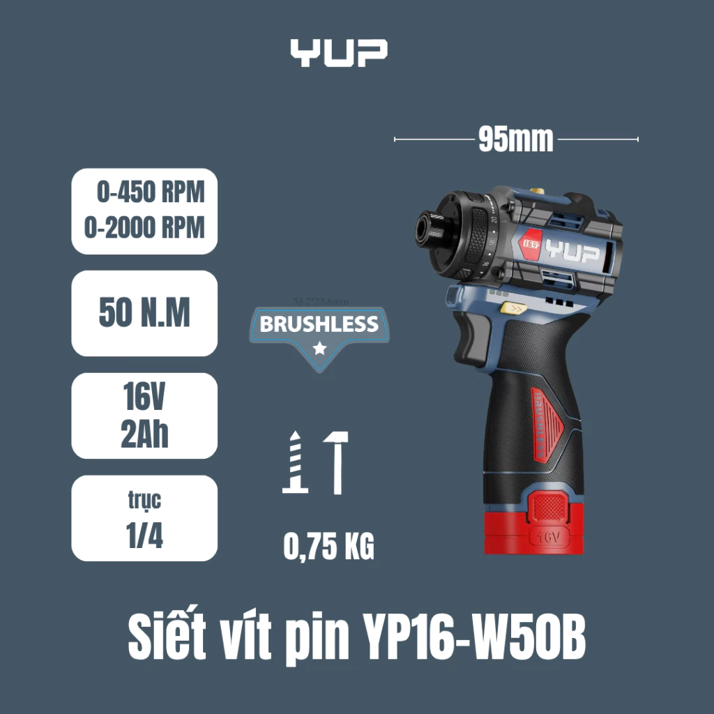 Máy Chuyên Vít YUPAI 50Nm 16V YP16 W50B Chính Hãng, Động Cơ Không Chổi Than