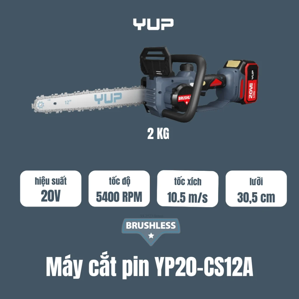 Máy Cưa Xích 12 inch YUP YP20 CS12A Dùng Pin 20V, Bảo Hành 12 Tháng