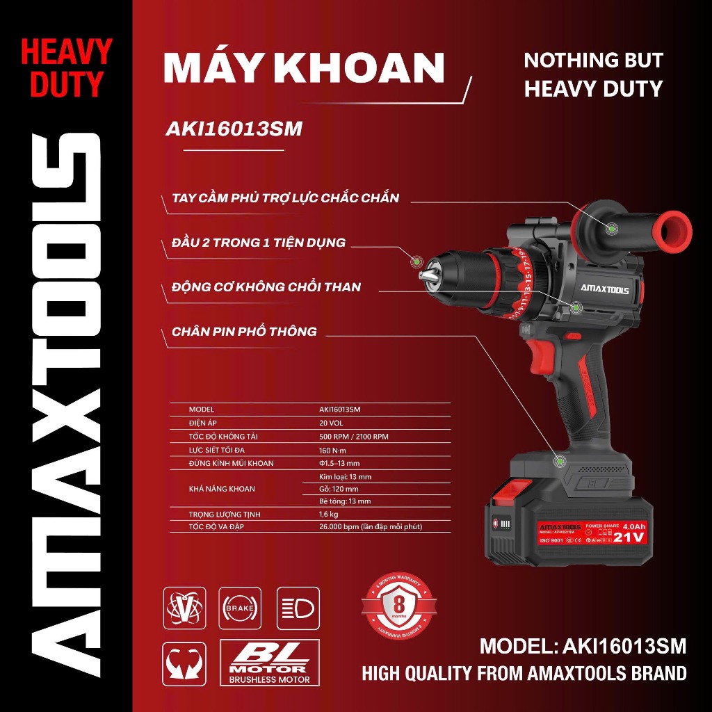 Máy Khoan 13mm Lực Siết 160N.m AMAXTOOLS AKI16013SM