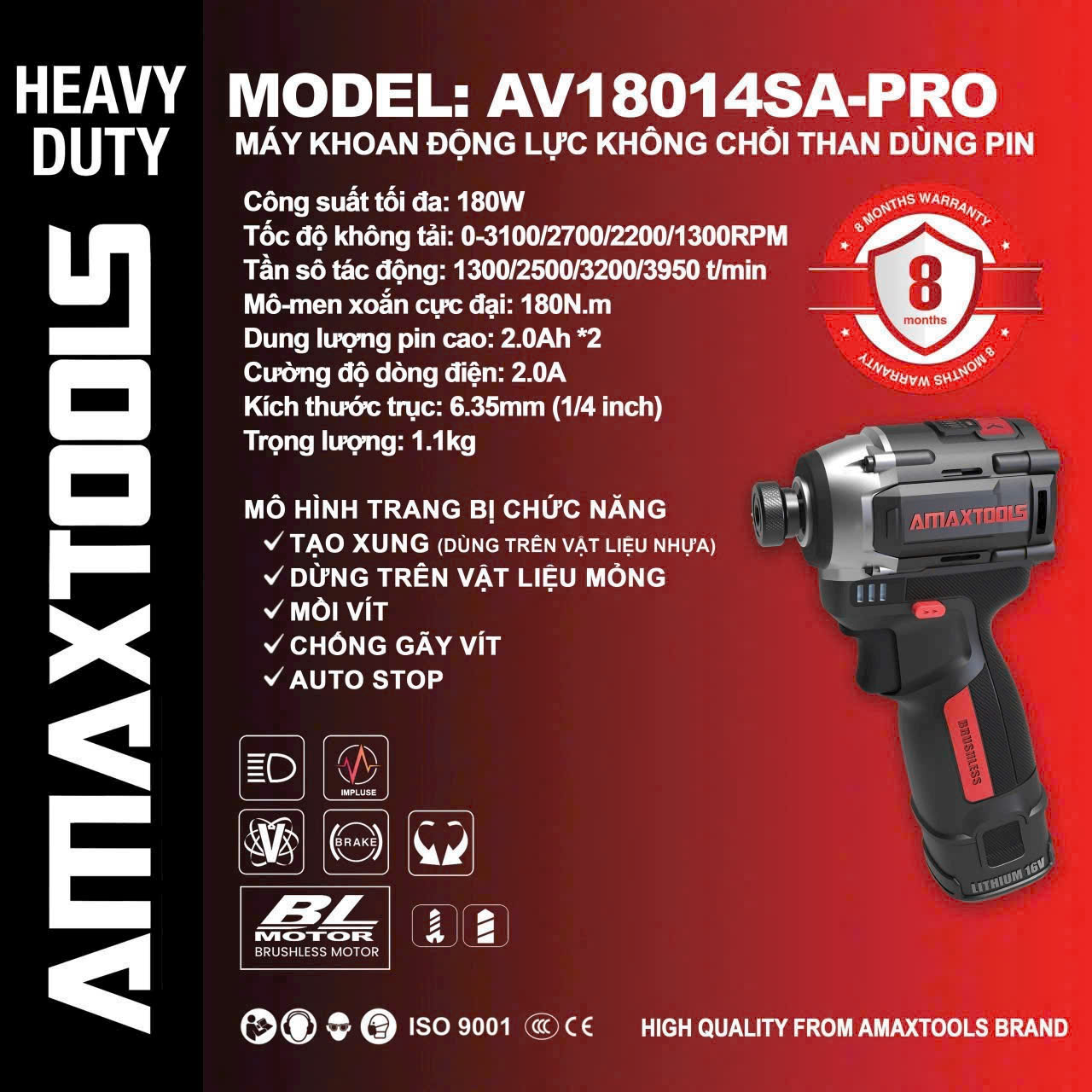 Máy Khoan Động Lực 180N.m Amaxtools AV18014SA-PRO