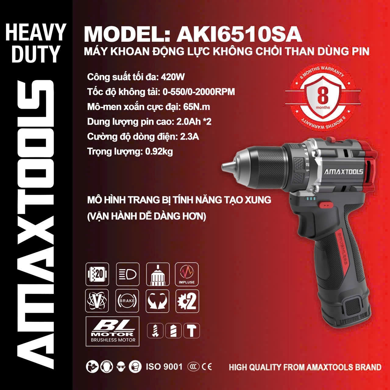 Máy Khoan động Lực Không Chổi Than Dùng Pin Amaxtools AKI6510SA
