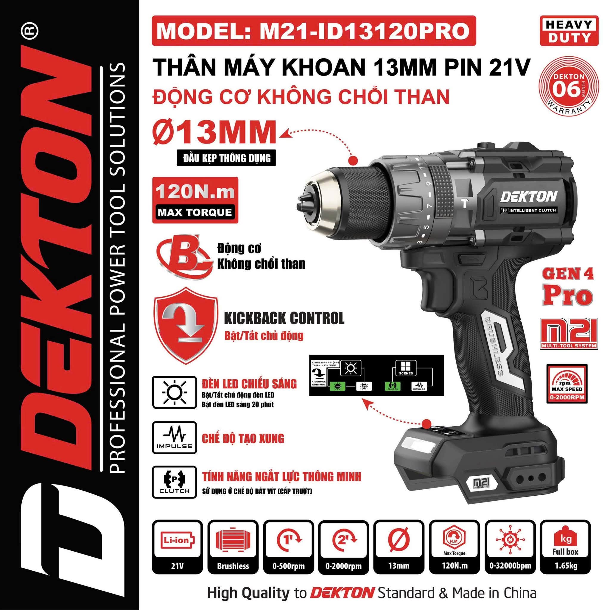 Máy Khoan Pin 21V Dekton 120Nm M21-ID13120PRO, M21-ID13120XPRO 13mm, 3 Chức Năng, Tạo Xung, Ngắt Lực Thông Minh