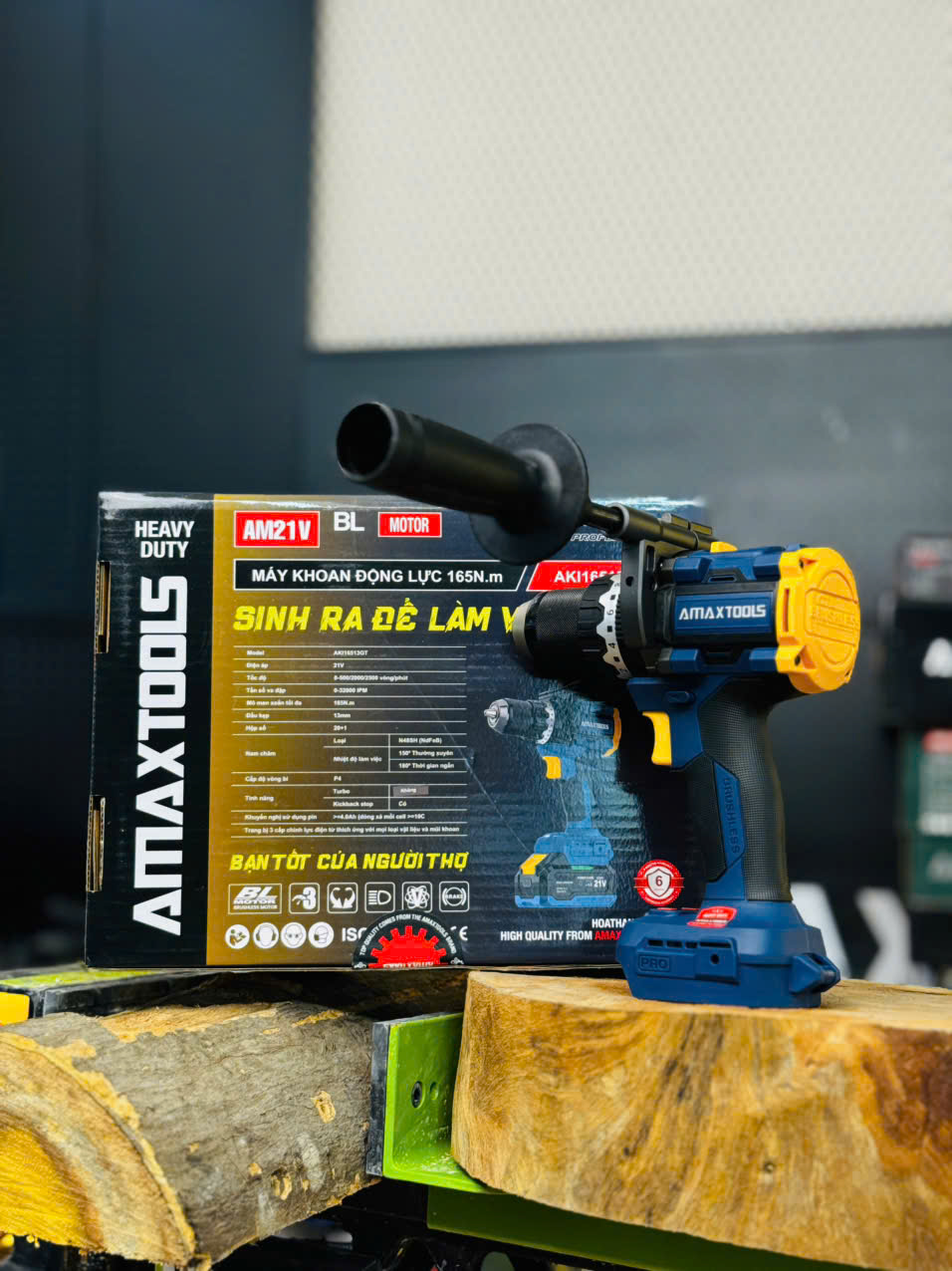 Máy Khoan Pin Amaxtools 165Nm AKI16513 GT Chính Hãng, Đầu Kẹp 13mm, Động Cơ Không Chổi Than
