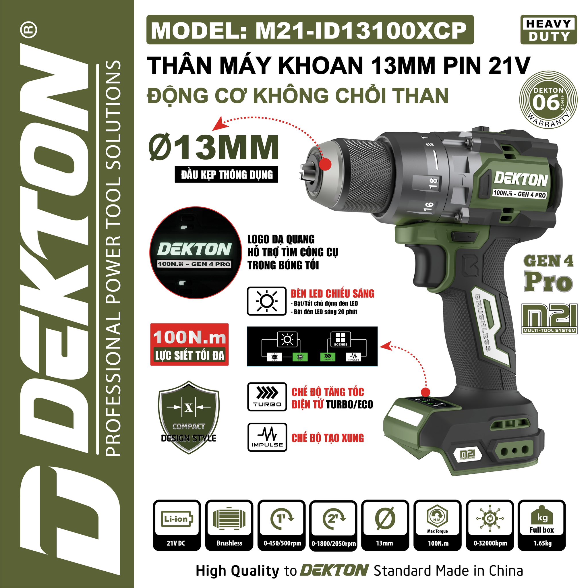 Máy Khoan Pin Dekton 21V 13100XCP Lực Siết 100Nm, Model M21-ID13100XCP