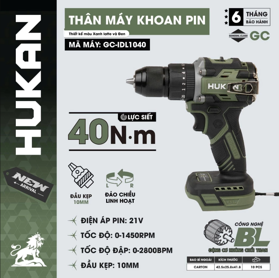 Máy Khoan Pin HUKAN GC-IDL1040 Đầu Kẹp 10mm, Lực siết 40Nm, Khoan 3 Chức Năng, Không Chổi Than