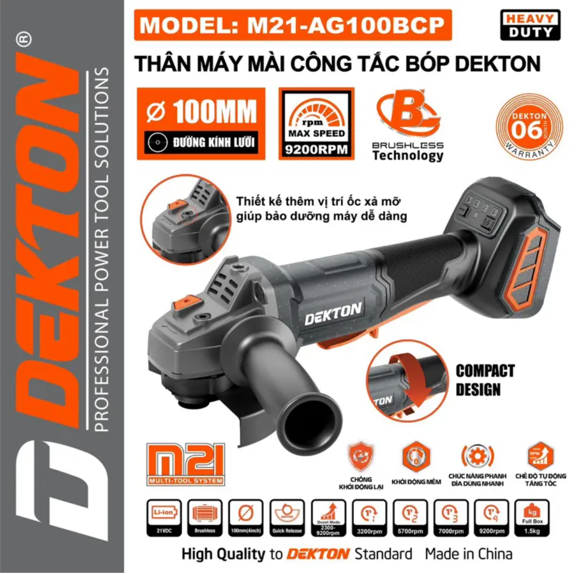 Máy Mài Góc Công Tắc Bóp Dekton M21-AG100BXCP, M21-AG100BCP Không Chổi Than, Đá 100mm