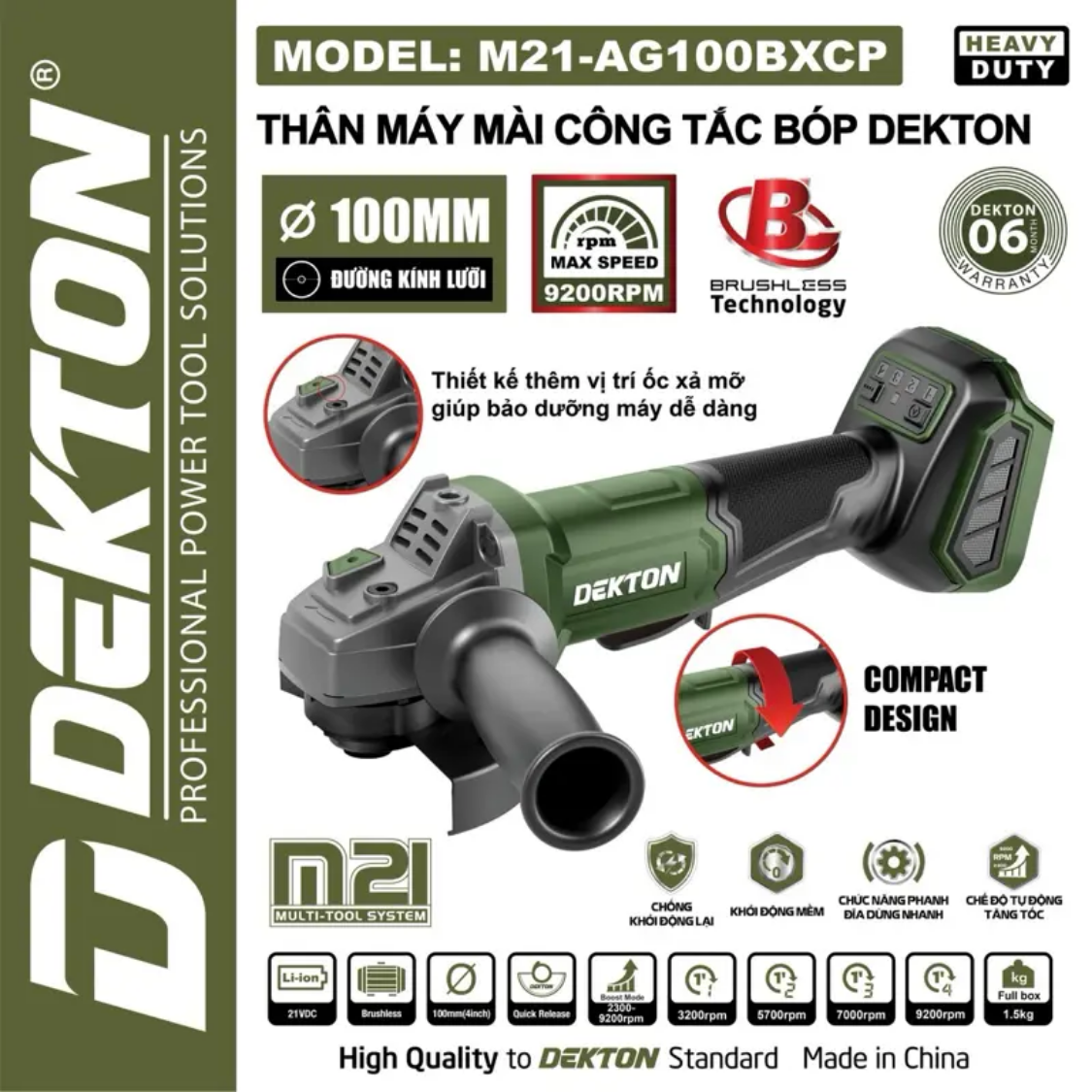 Máy Mài Góc Công Tắc Bóp Dekton M21-AG100BXCP, M21-AG100BCP Không Chổi Than, Đá 100mm