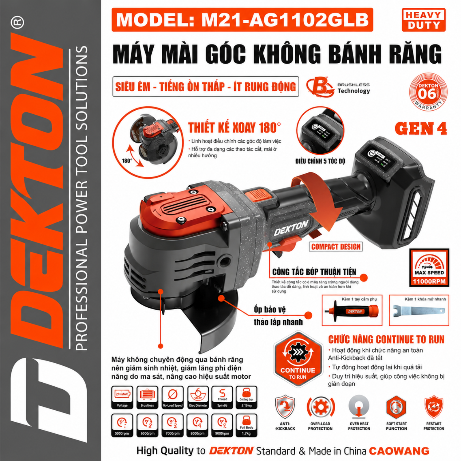 Máy Mài Góc Không Bánh Răng 100mm Dekton M21-AG1102GLB Brushless