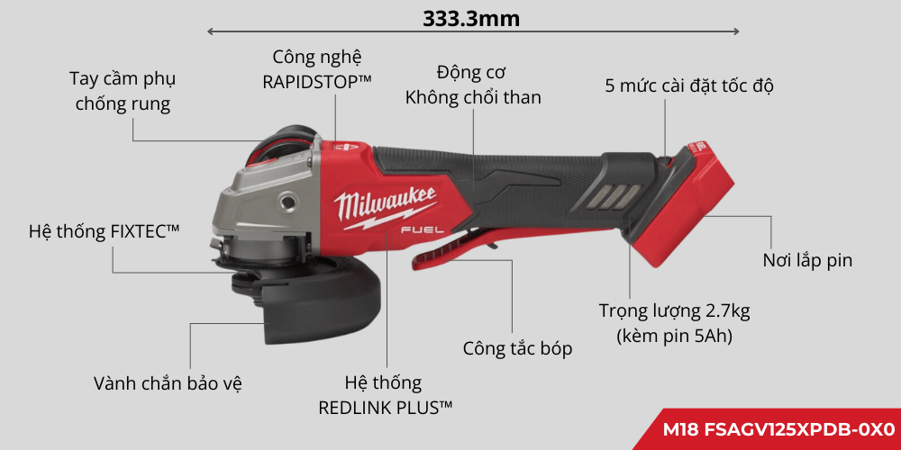 Máy Mài Góc Milwaukee M18 FSAGV125XB-0X0 125mm, 5 Cấp Tốc độ