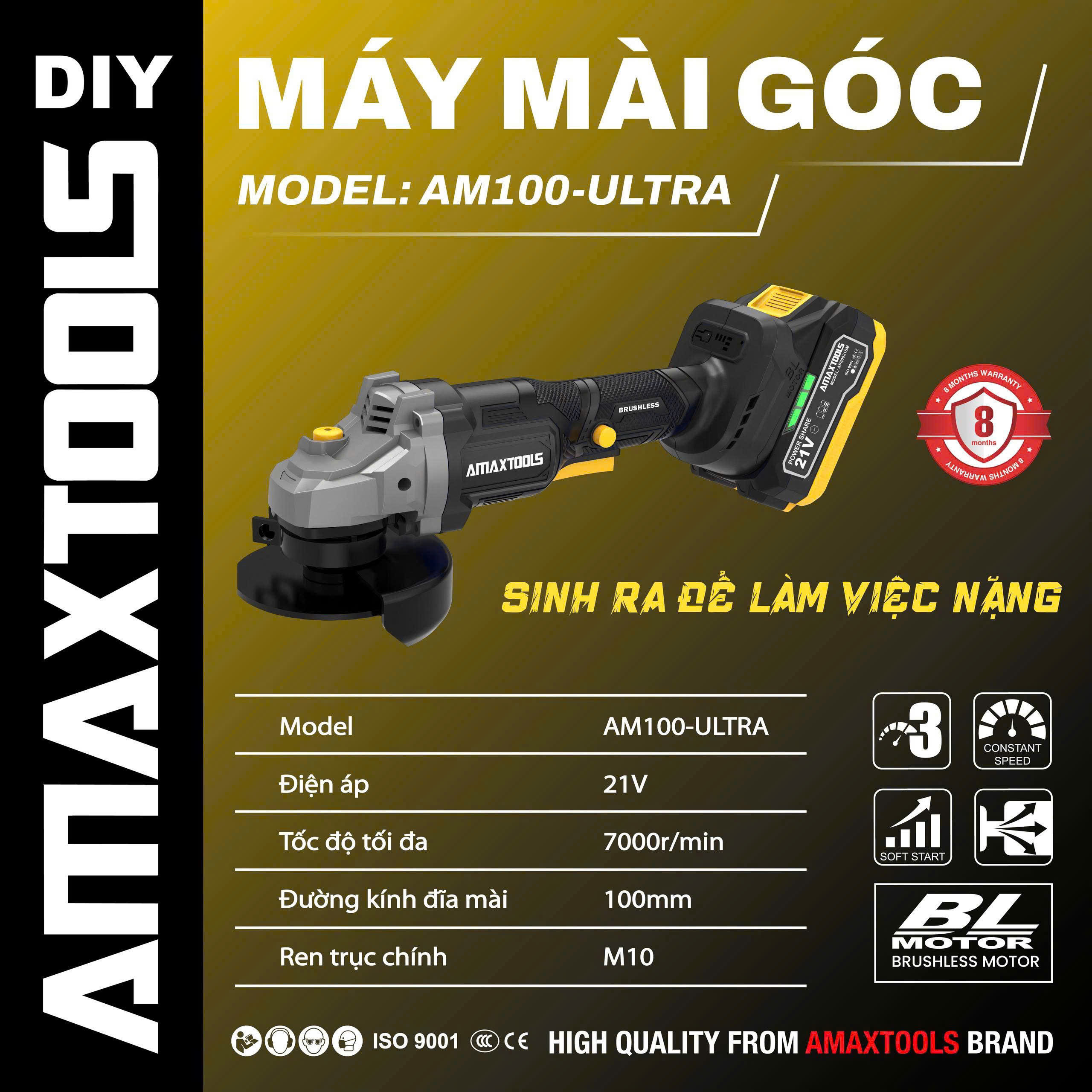 Máy Mài Góc Pin AmaxTools AM100-ULTRA 21V 100mm Không Chổi Than, Tốc Độ 7000 VòngPhút
