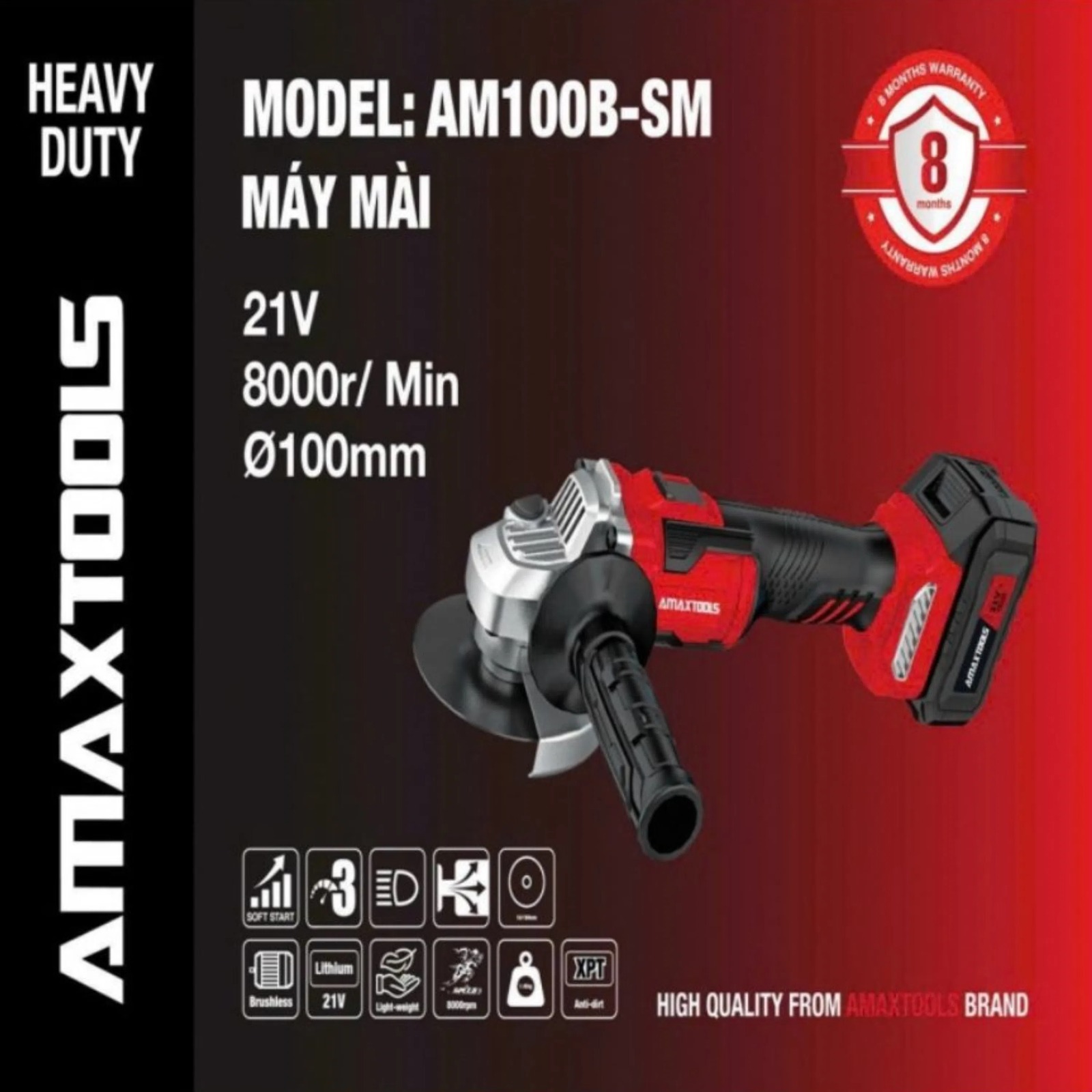 Máy Mài Góc Pin 21V Amaxtools AM100B-SM, Ren Trục M10