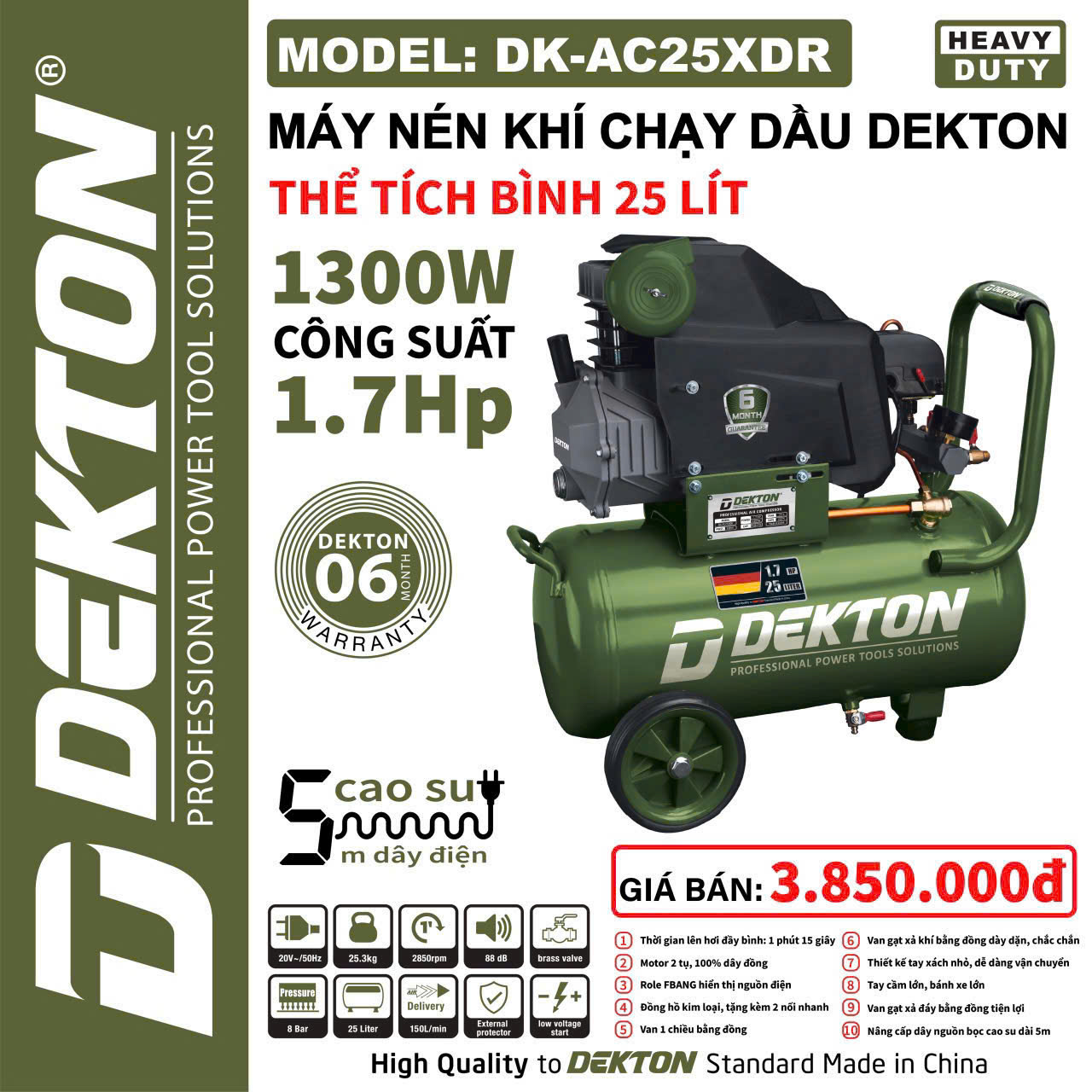 Máy Nén Khí Chạy Dầu 25 Lít Dekton DK-AC25XDR, Công Suất 1.7HP