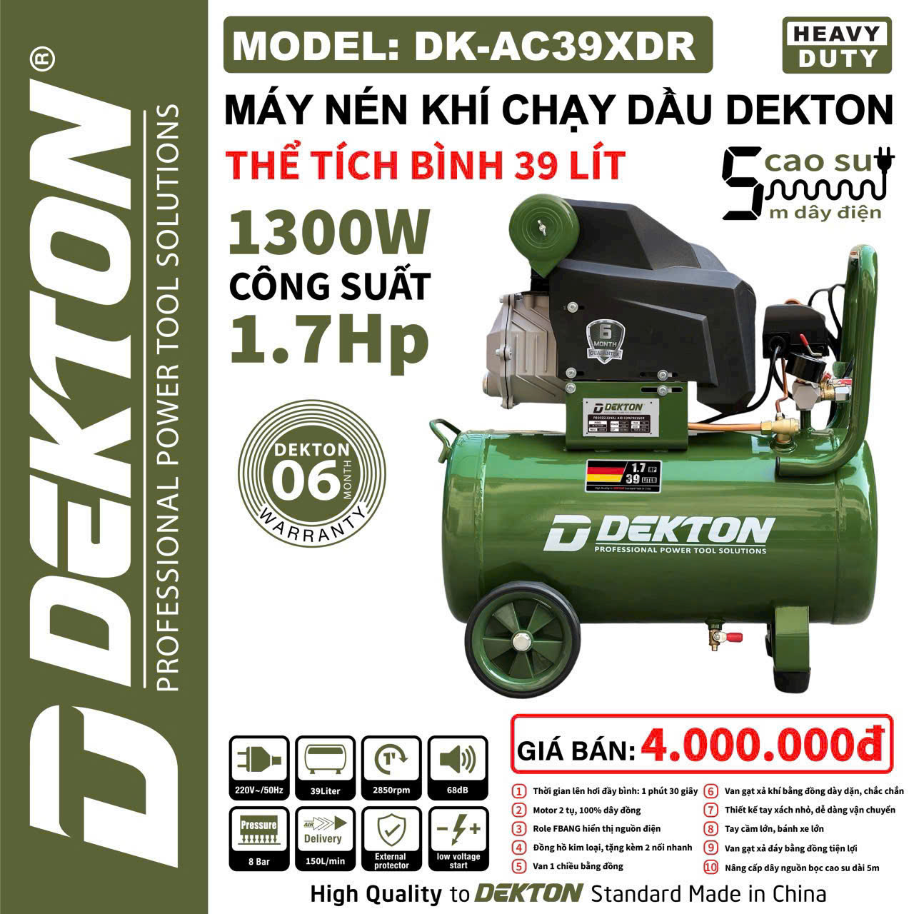 Máy Nén Khí Chạy Dầu 39L Dekton DK-AC39XDR Chính Hãng, Công Suất 1300W