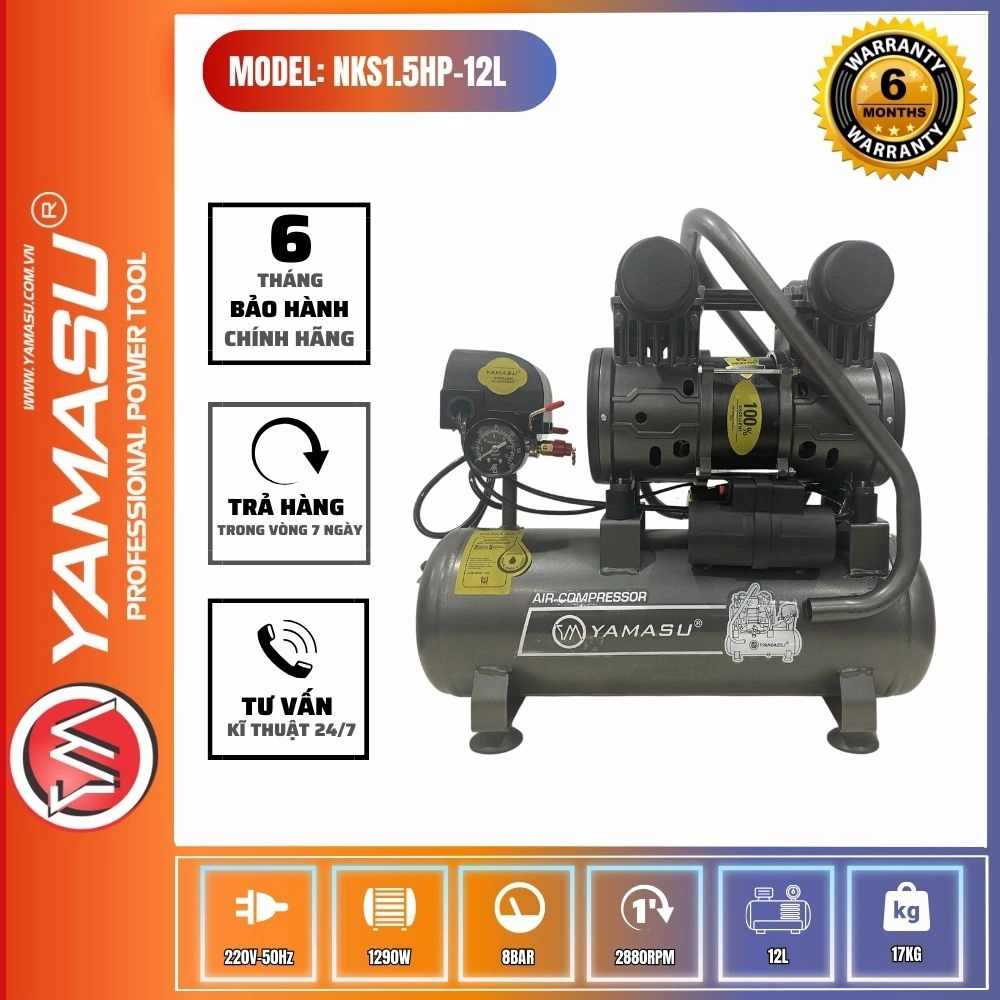 Máy Nén Khí Không Dầu 12L Yamasu NKS.5HP-12L, Giảm Âm Nạp Hơi Nhanh