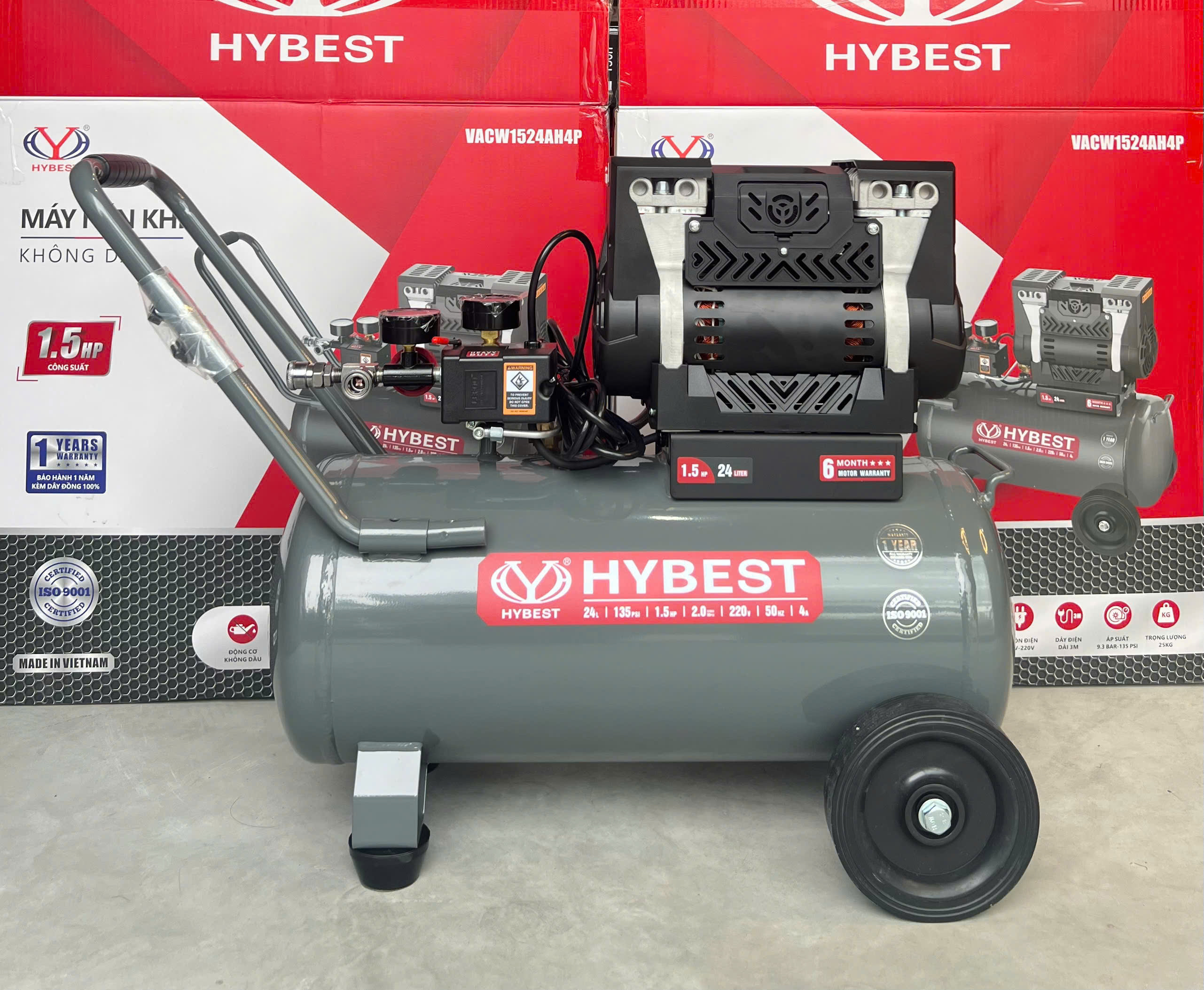 Máy Nén Khí Không Dầu 24L 1.5HP Hybest VACW1524AH4P - Nạp Hơi Nhanh, Giảm Ồn