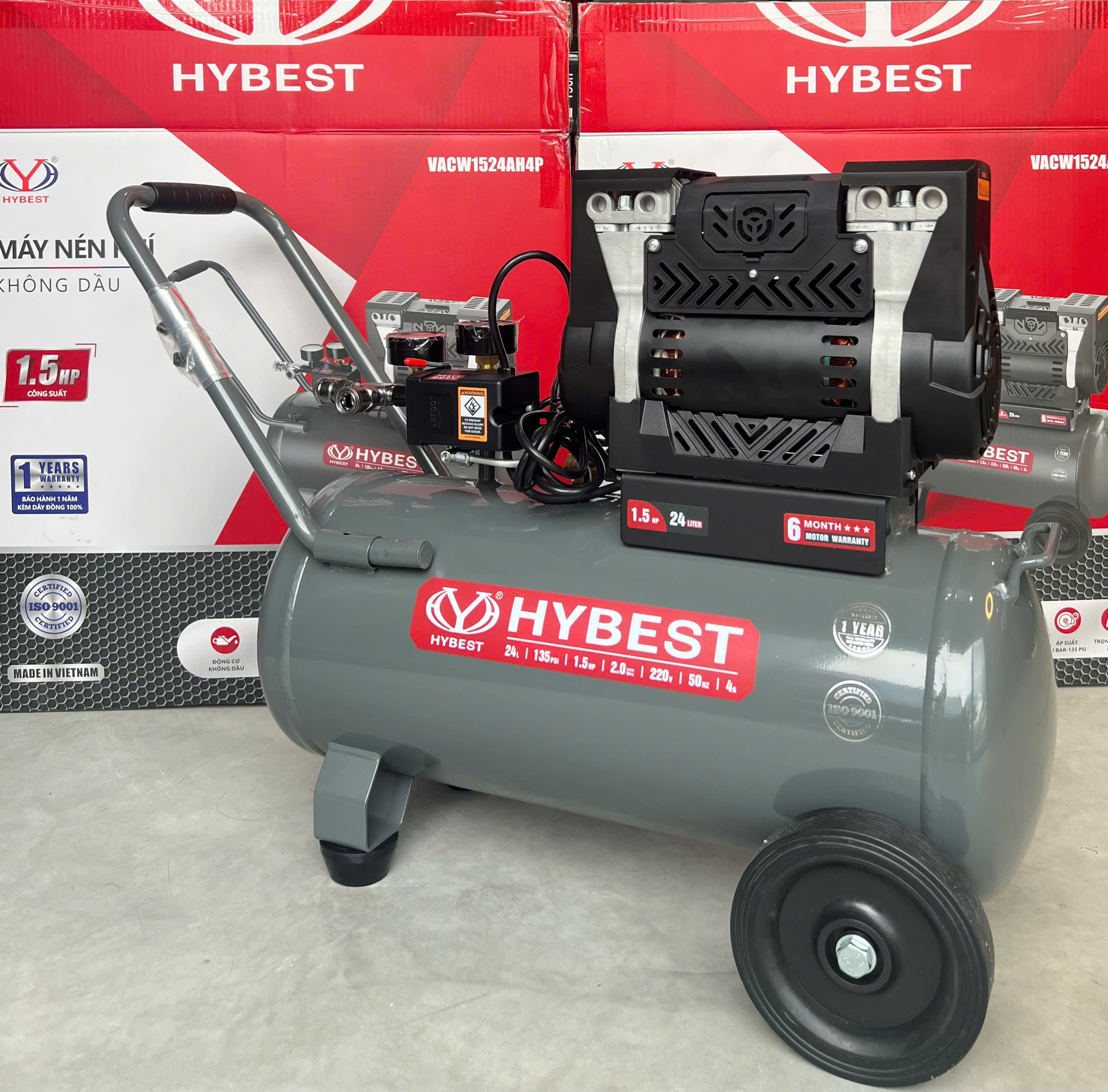 Máy Nén Khí Không Dầu 24L 1.5HP Hybest VACW1524AH4P - Nạp Hơi Nhanh, Giảm Ồn
