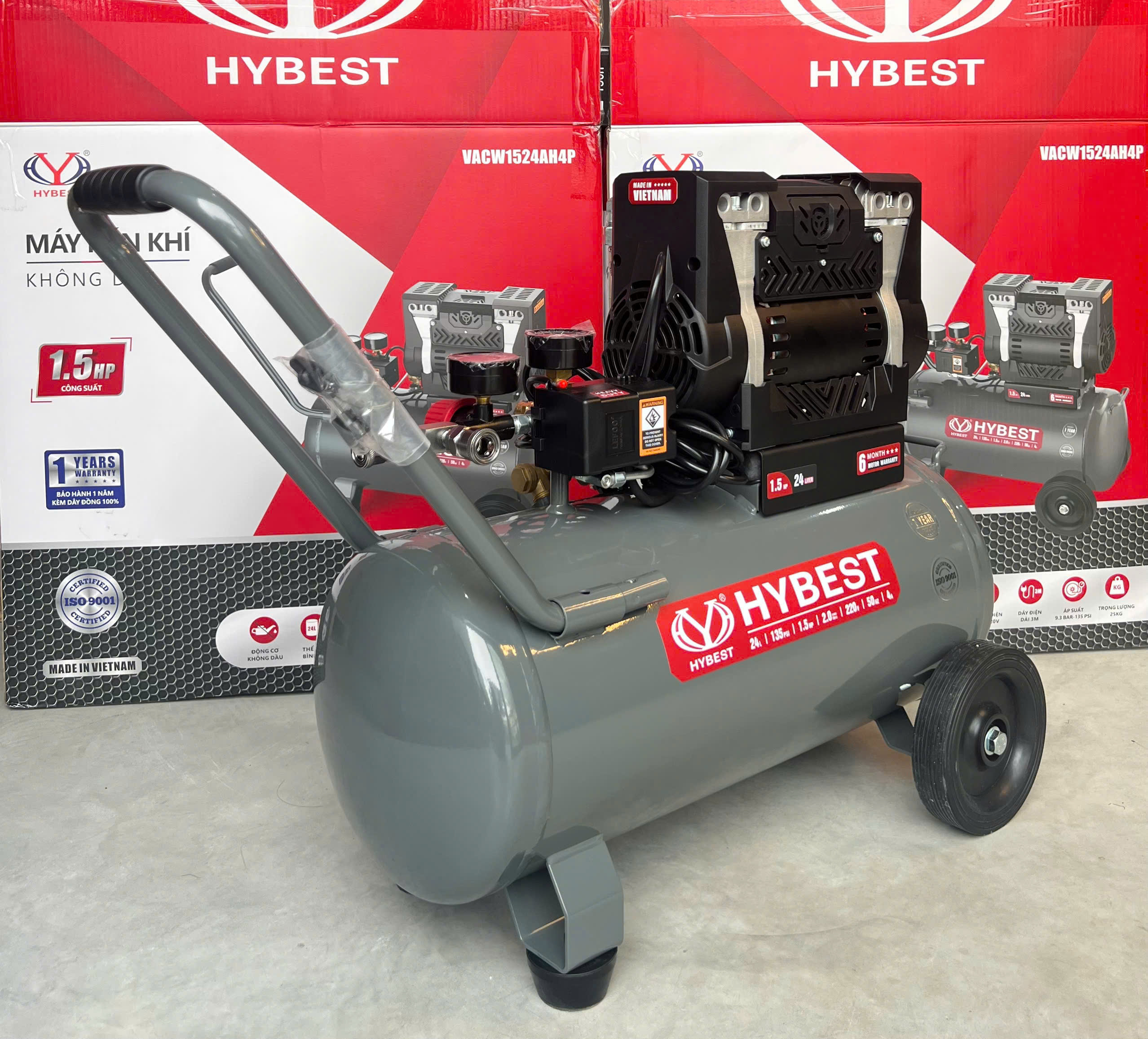 Máy Nén Khí Không Dầu 24L 1.5HP Hybest VACW1524AH4P - Nạp Hơi Nhanh, Giảm Ồn