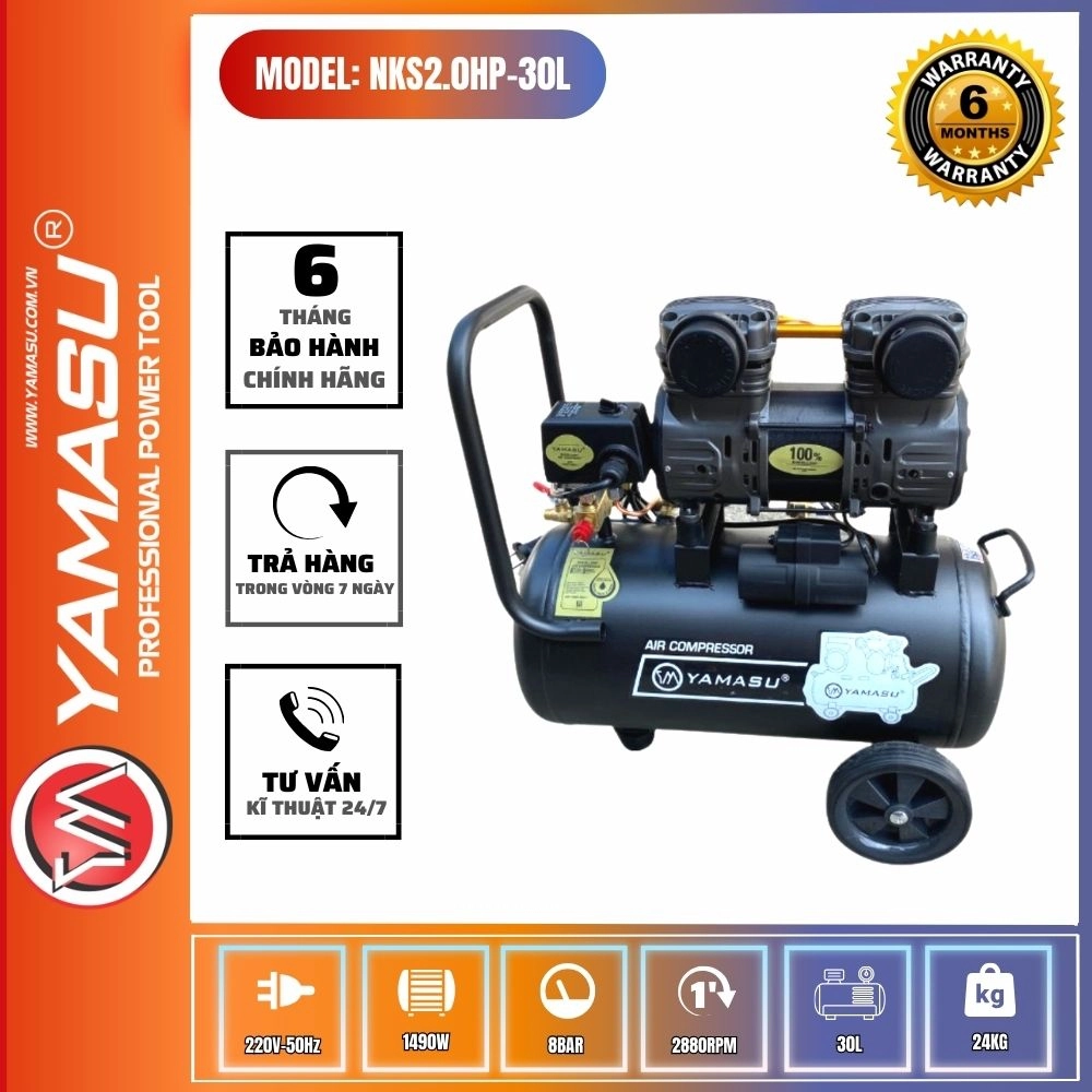 Máy Nén Khí Không Dầu 30L Yamasu NKS2.0HP-30L, Giảm Âm, Nạp Hơi Nhanh