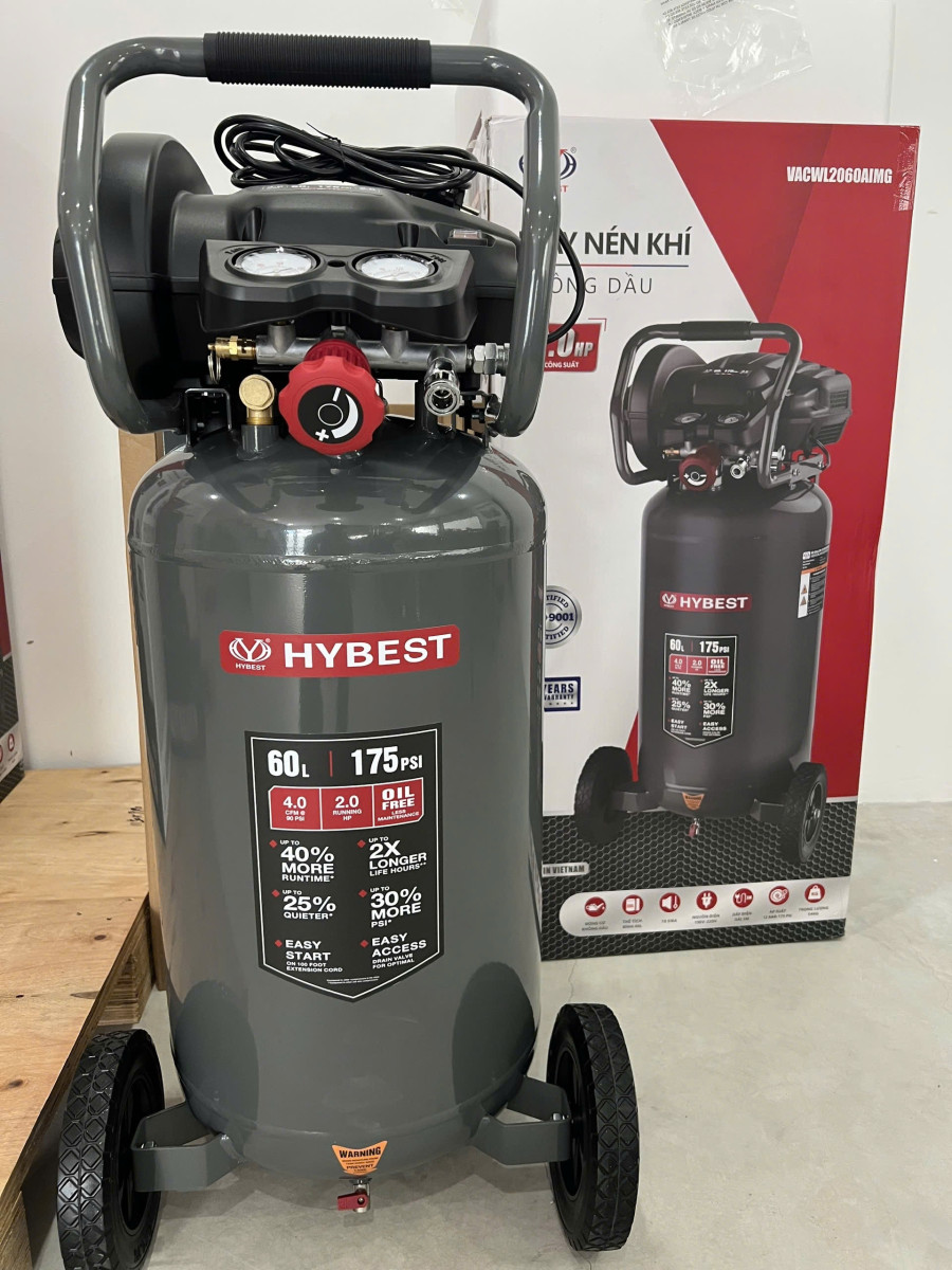 Máy Nén Khí Không Dầu 60L Hybest ACWL2060AIMG 2HP, Áp Lực 12 Bar Chính Hãng