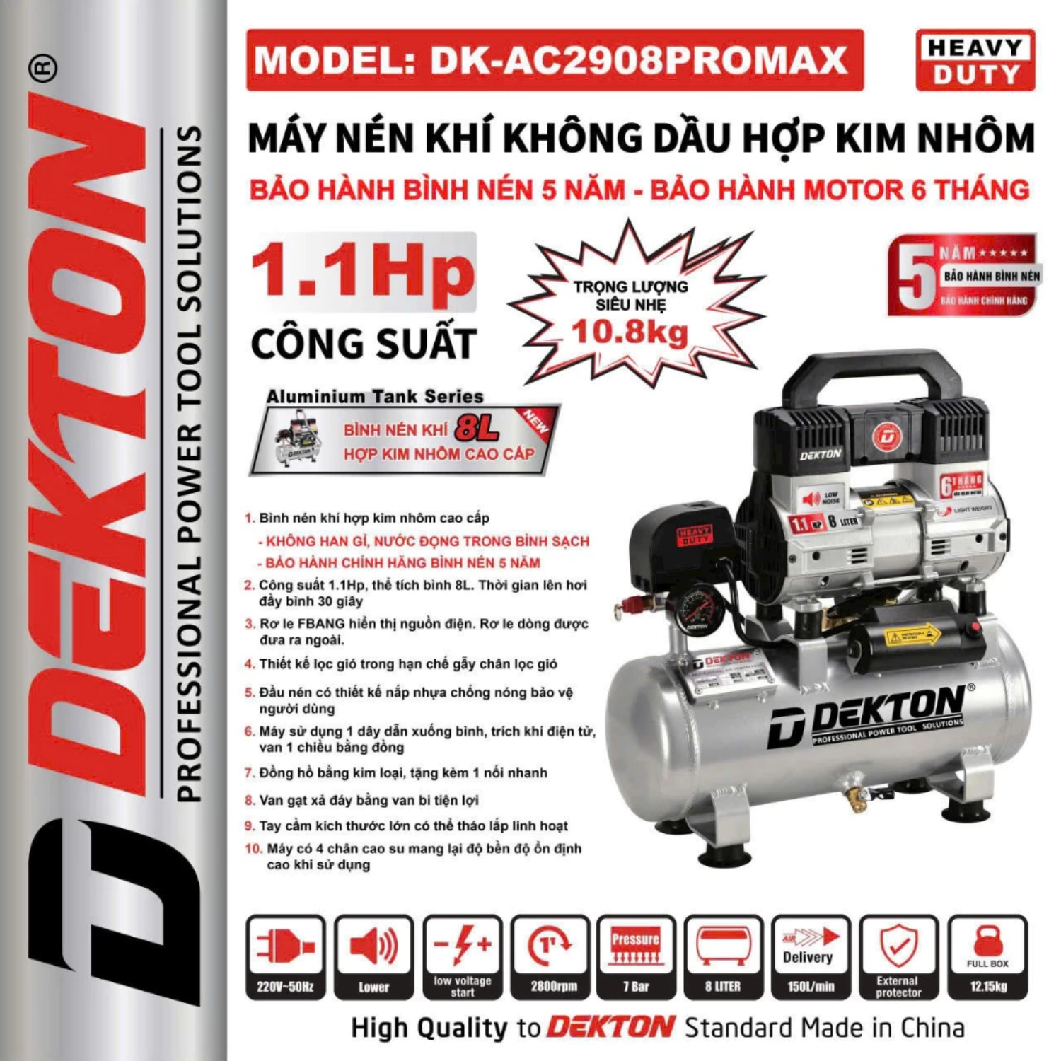 Máy Nén Khí Không Dầu 8L Dekton DK-AC2908PROMAX Bình Nhôm 1.1Hp